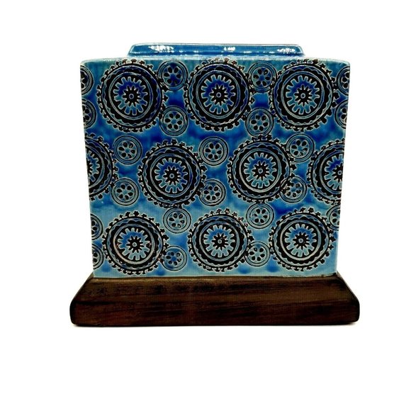 Rectangular Floral Vase Blue Ceramic Glazed 8" x 8" Square Centerpiece Home Deco - Picture 2 of 9